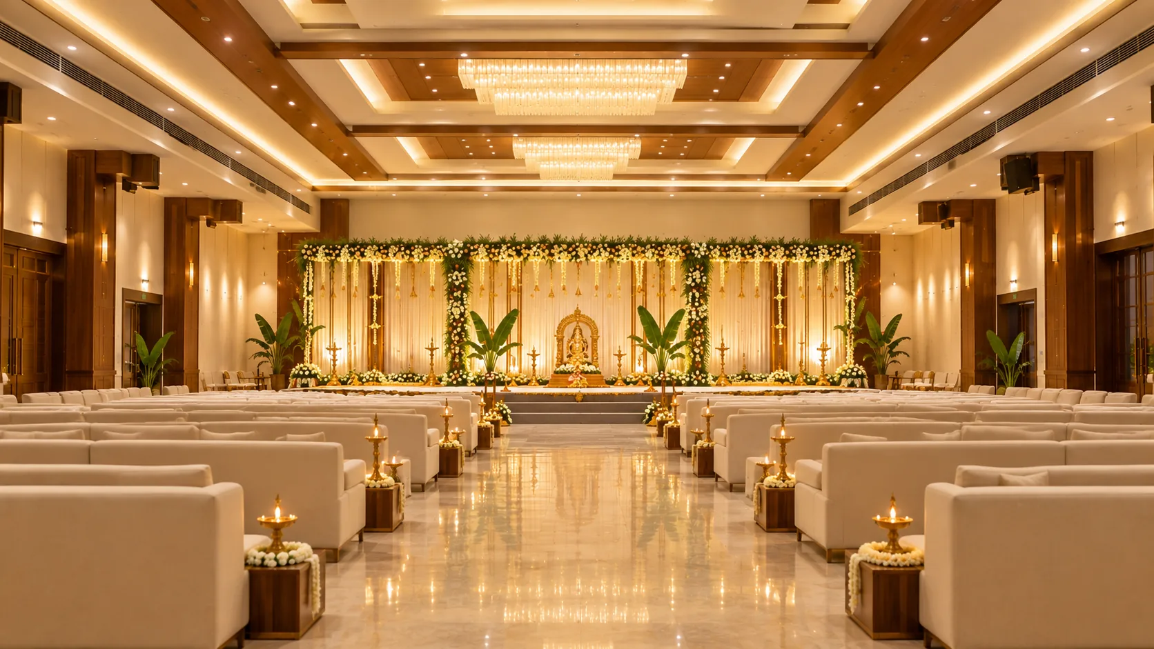 Ceremony hall at Bhavani Mandir with a flower-decked stage, brass lamps and rows of cream seating