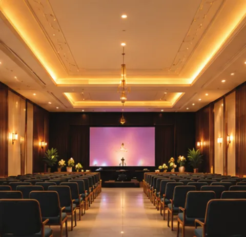 Auditorium set with rows of chairs facing a presentation screen