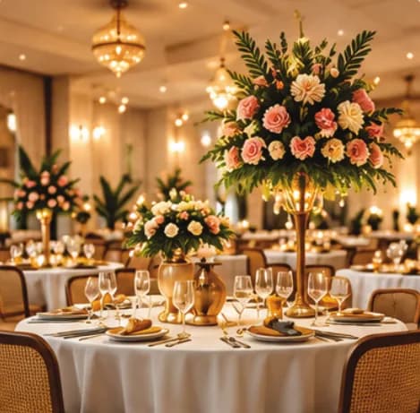 Reception hall with round dining tables and tall flower centrepieces