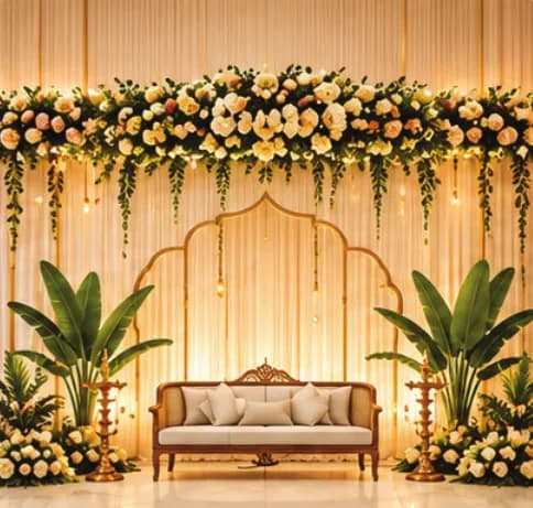 Wedding stage with a floral canopy, draped backdrop and a cane sofa